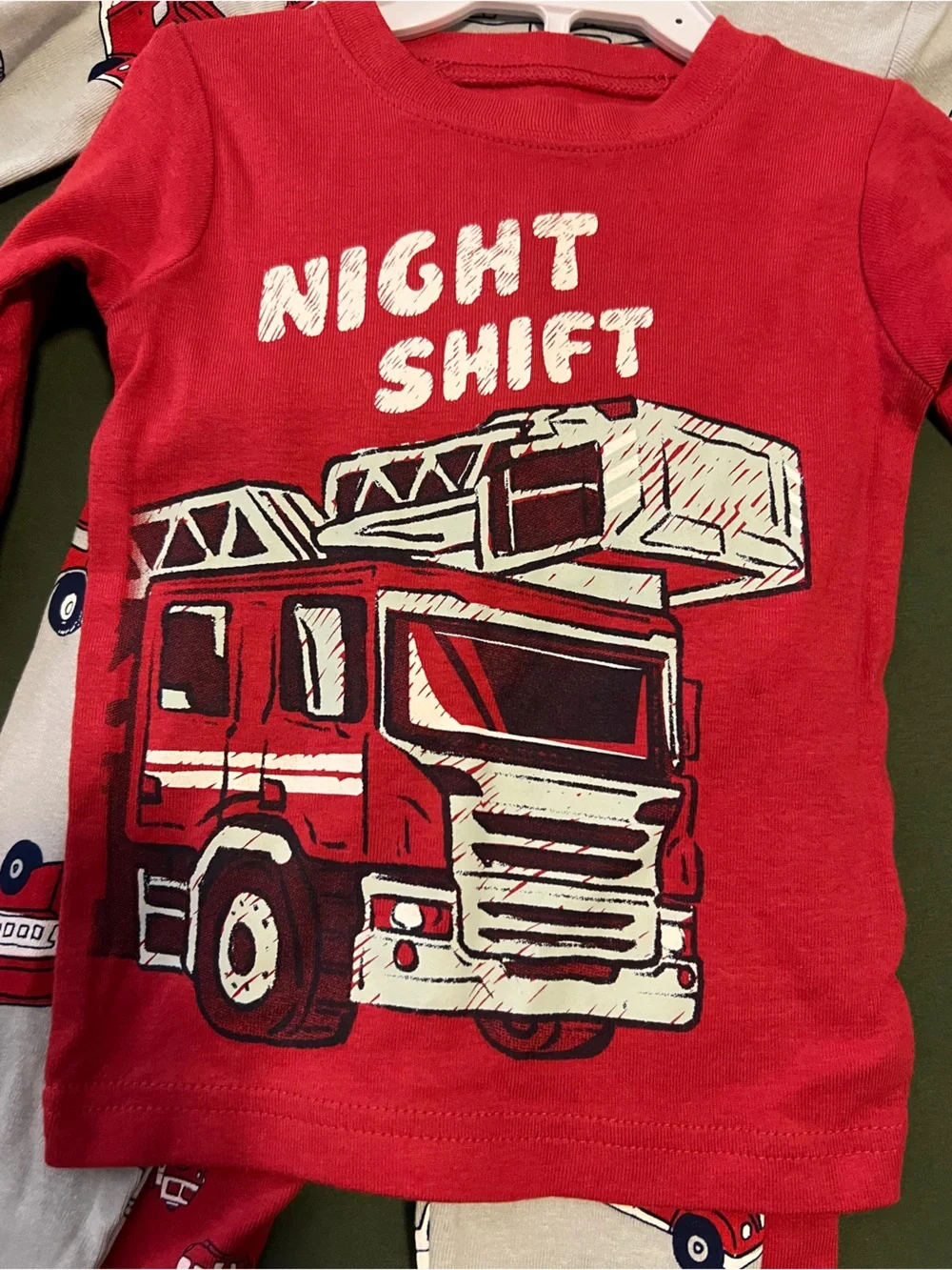 Two Pairs of Carter's Red and Gray Fire Truck Pajama Sets Size 12M.